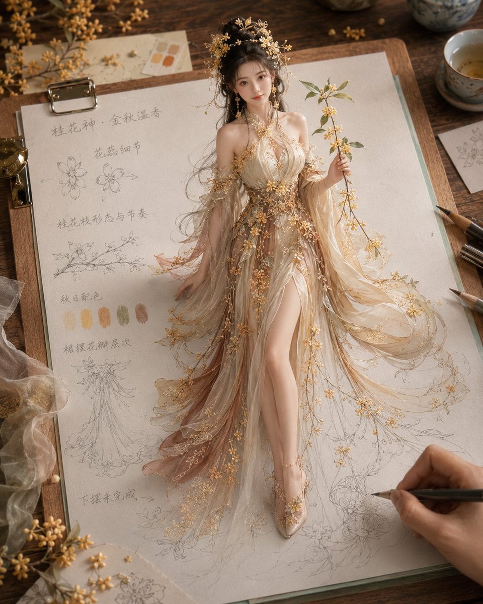 生成一张《纸上成真 · 四时花神衣谱》风格图片，4:5 竖版。

主题为[花神主题]。画面是一张高级米白色花神服饰设定稿纸夹在木质画板上，放在温暖木色设计工作台