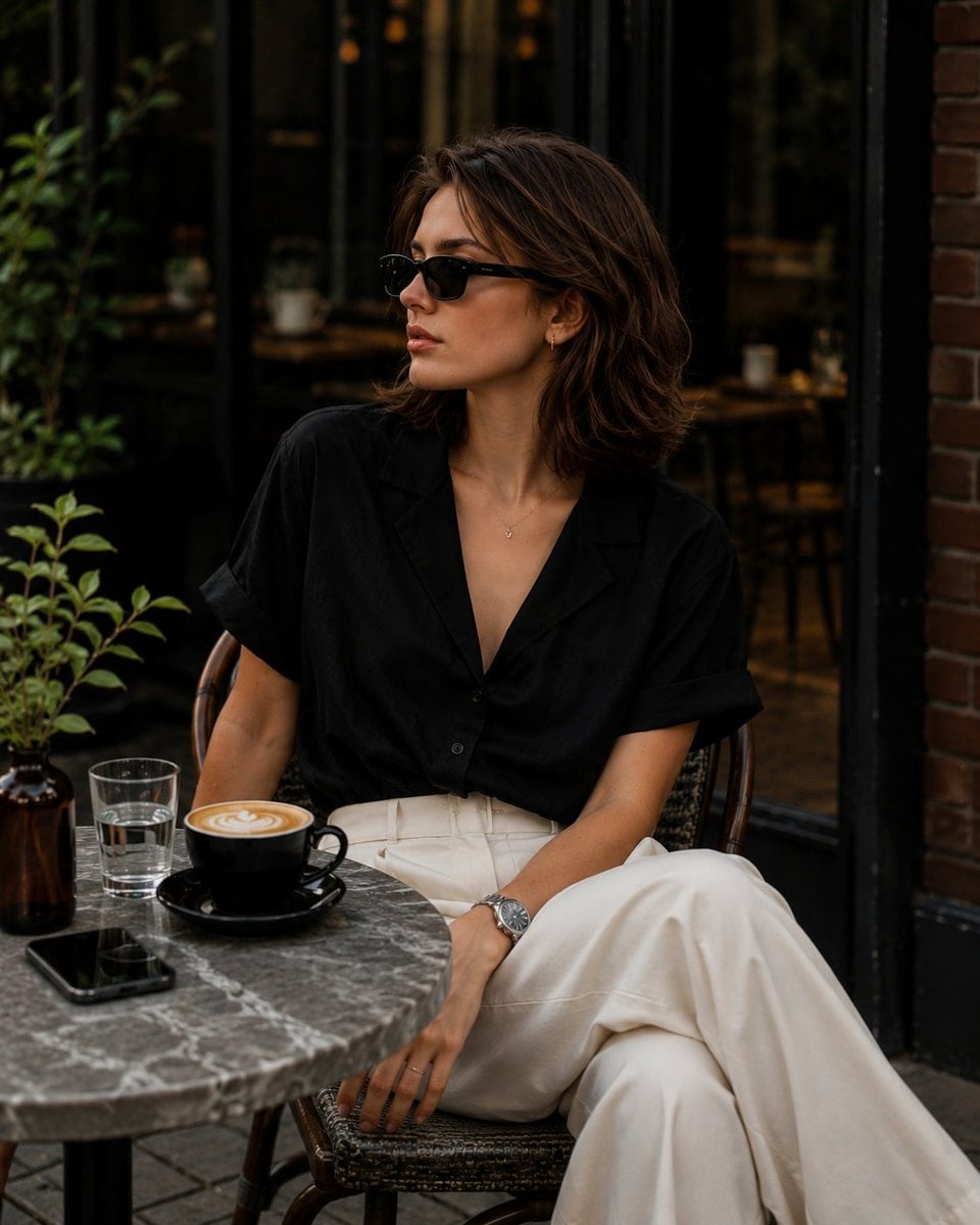 Create an elegant café lifestyle portrait of a fashionable young woman relaxing 