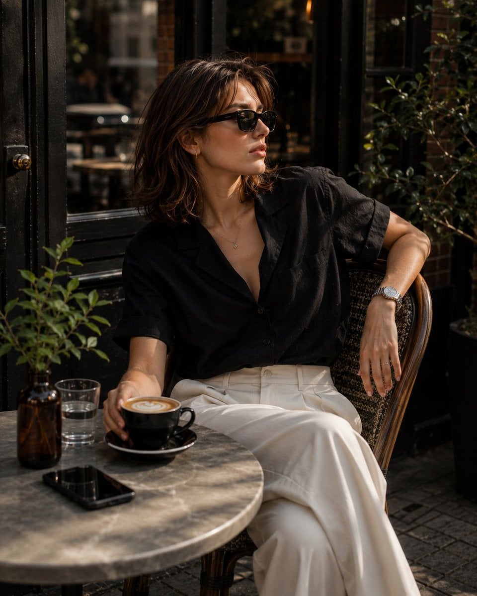 Create an elegant café lifestyle portrait of a fashionable young woman relaxing 
