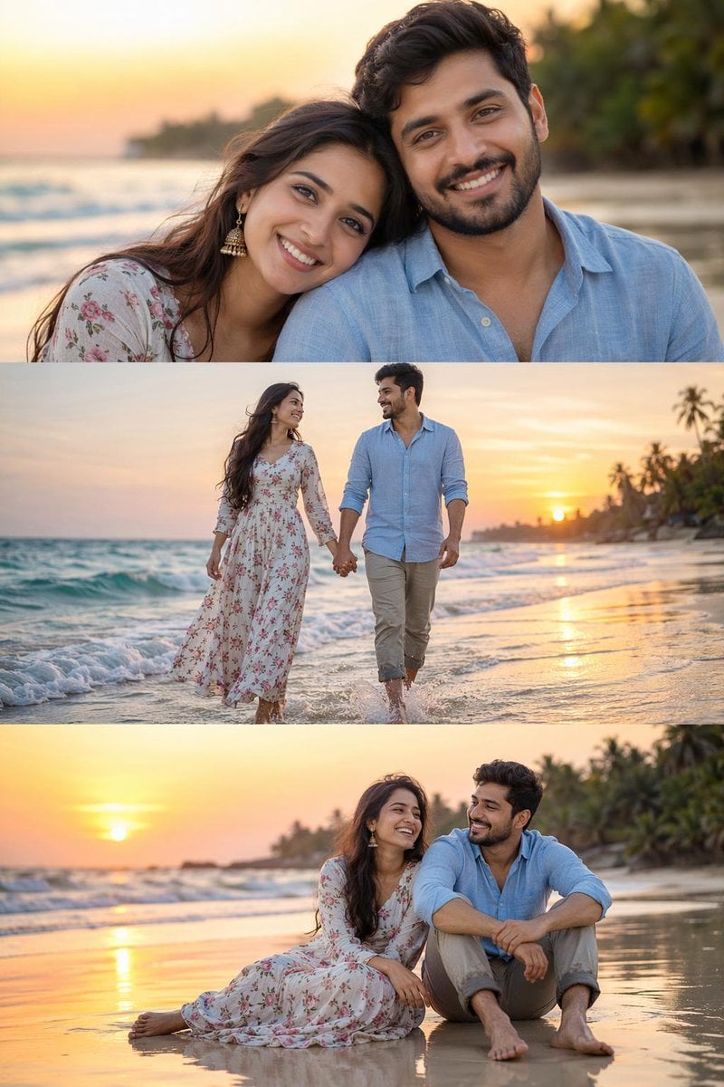 Subject
Ultra-realistic cinematic romantic beach collage featuring the exact sam