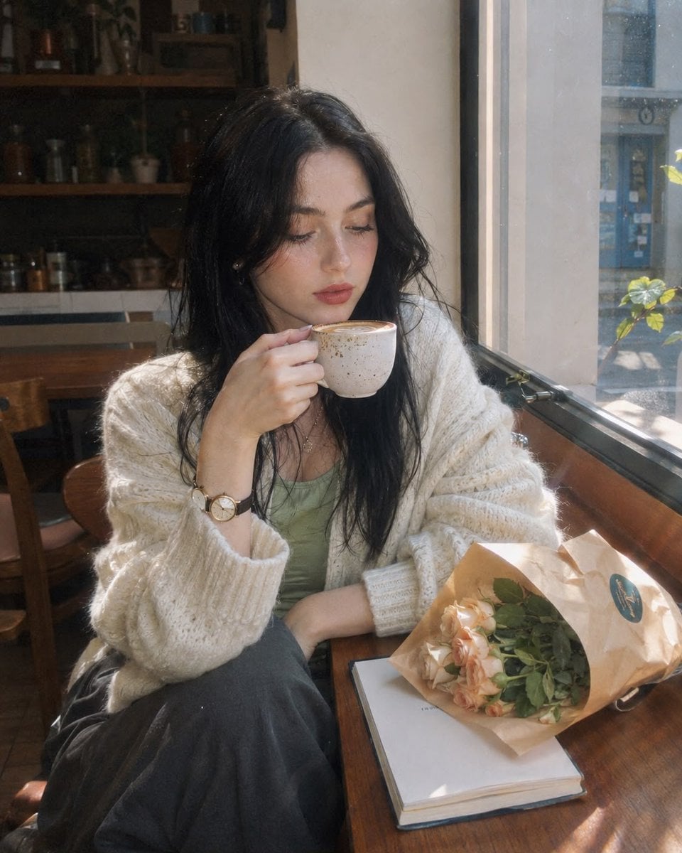 Create an ultra-realistic nostalgic café portrait captured on a premium early-20