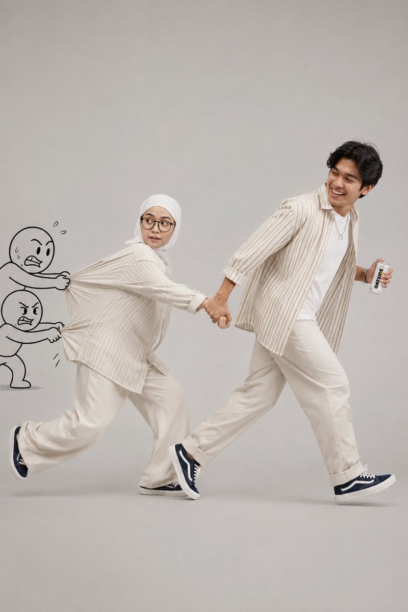 1. A clean, high-key studio portrait of a stylish young Muslim couple in a playf