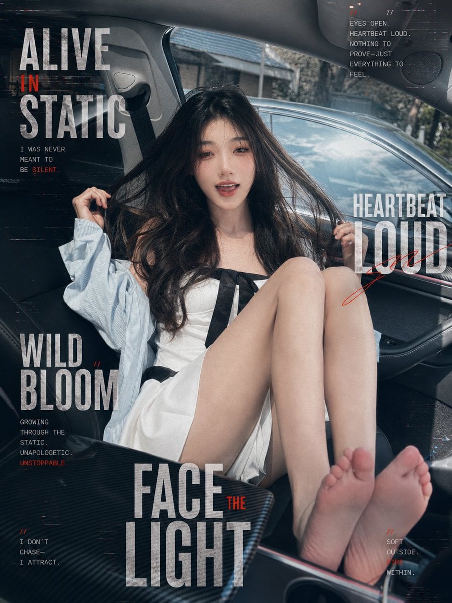 使用参考图风格生成一组高质感时尚写真海报。

画面主体是一位年轻亚洲女性，长黑发，发丝凌乱自然，带一点风吹感和湿发感，表情慵懒、清冷、微醺、失神但有生命力。场景