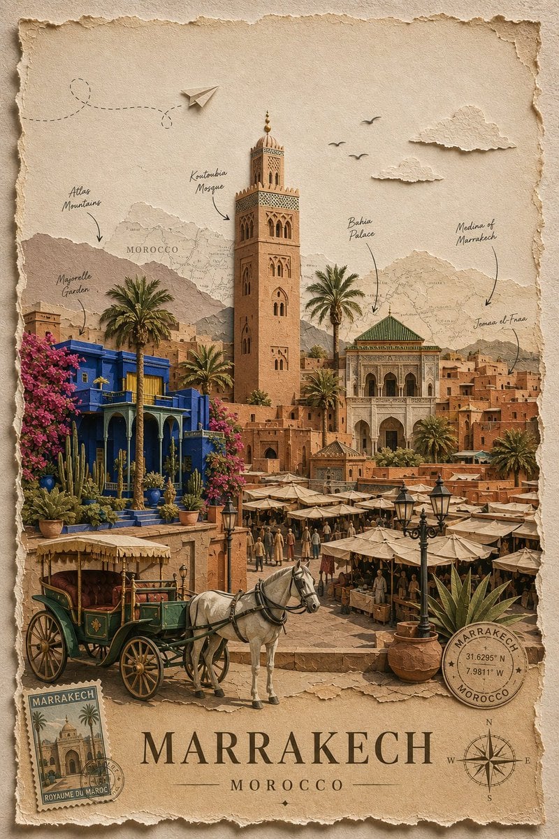 Create a premium, timeless handcrafted travel poster for [Destination] in an ele