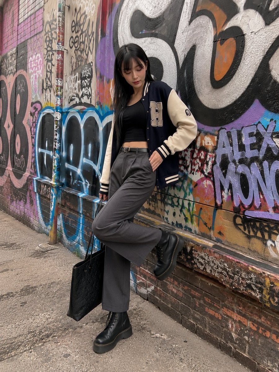 Photorealistic candid iPhone snapshot of a stylish young East Asian woman standi