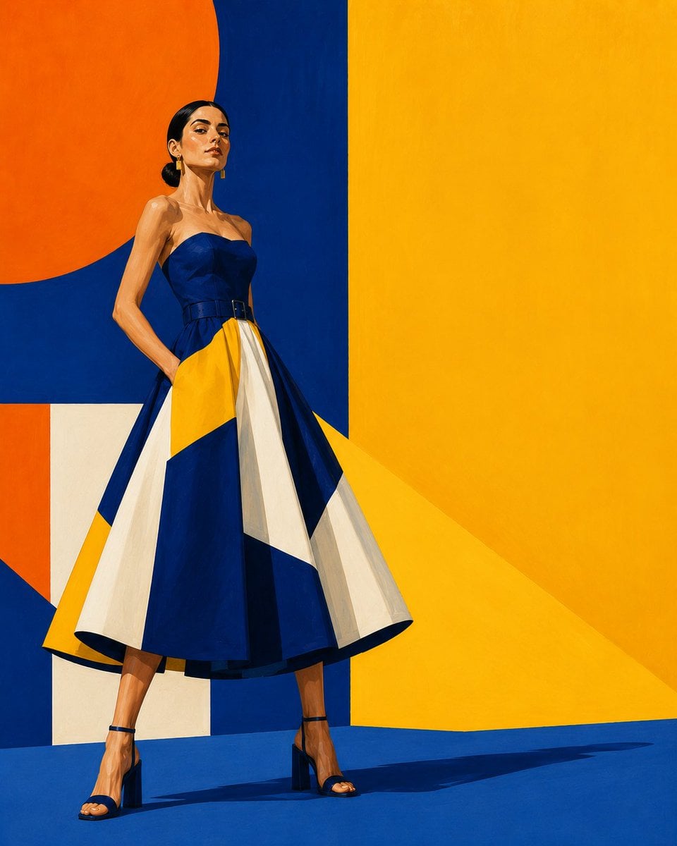 Wide fashion illustration poster, woman in geometric color-block dress standing 