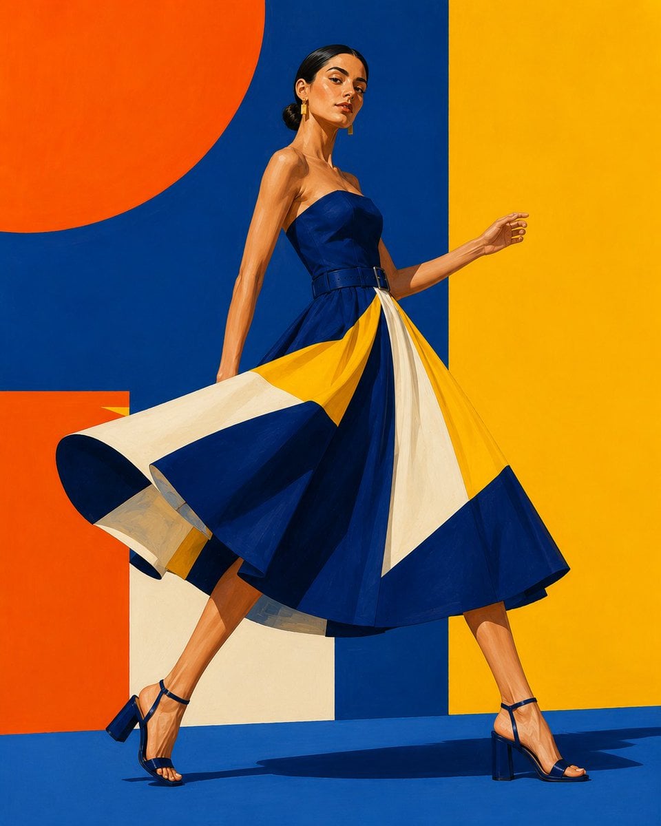 Wide fashion illustration poster, woman in geometric color-block dress standing 