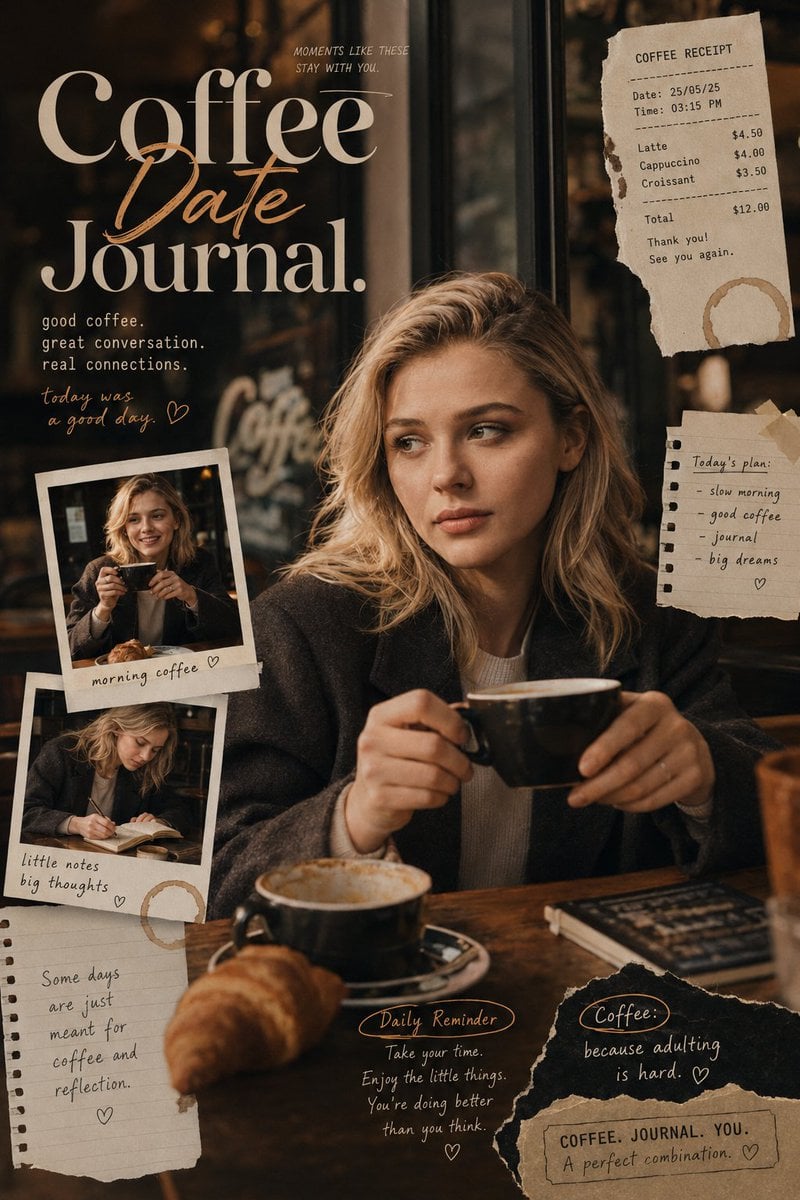 Coffee Date Journal-inspired editorial poster with a warm, intimate coffee shop 