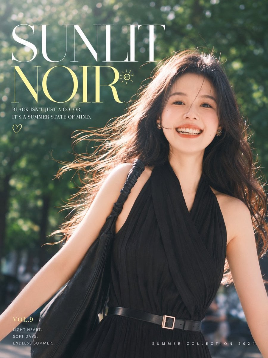 夏日城市街头写真，一位年轻亚洲女生，长卷发，清透自然妆容，穿黑色系夏季穿搭，黑色吊带裙 / 黑色长裙 / 黑色无袖连衣裙，搭配黑色单肩包，站在树荫斑驳的斑马线和