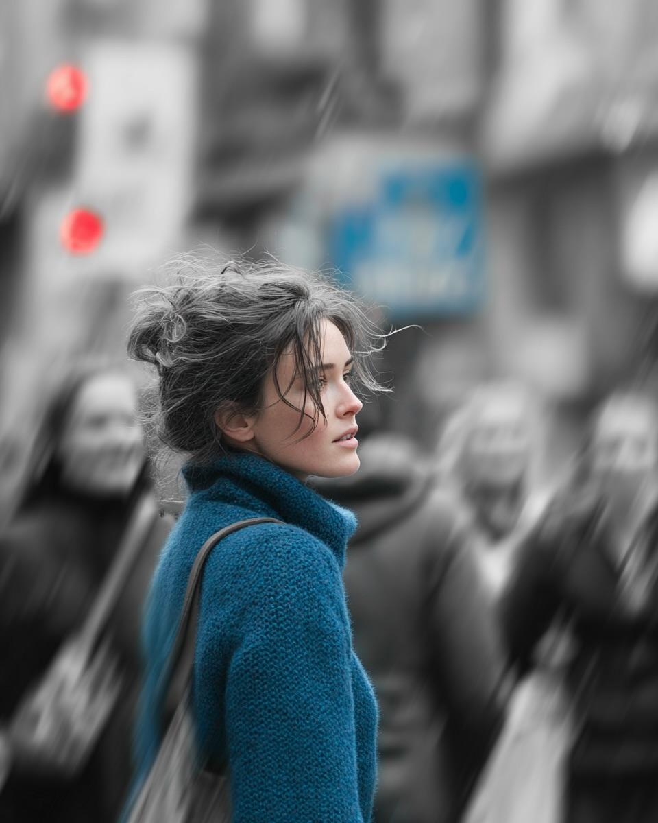 A cinematic street portrait of a young woman walking through a crowded city, wit