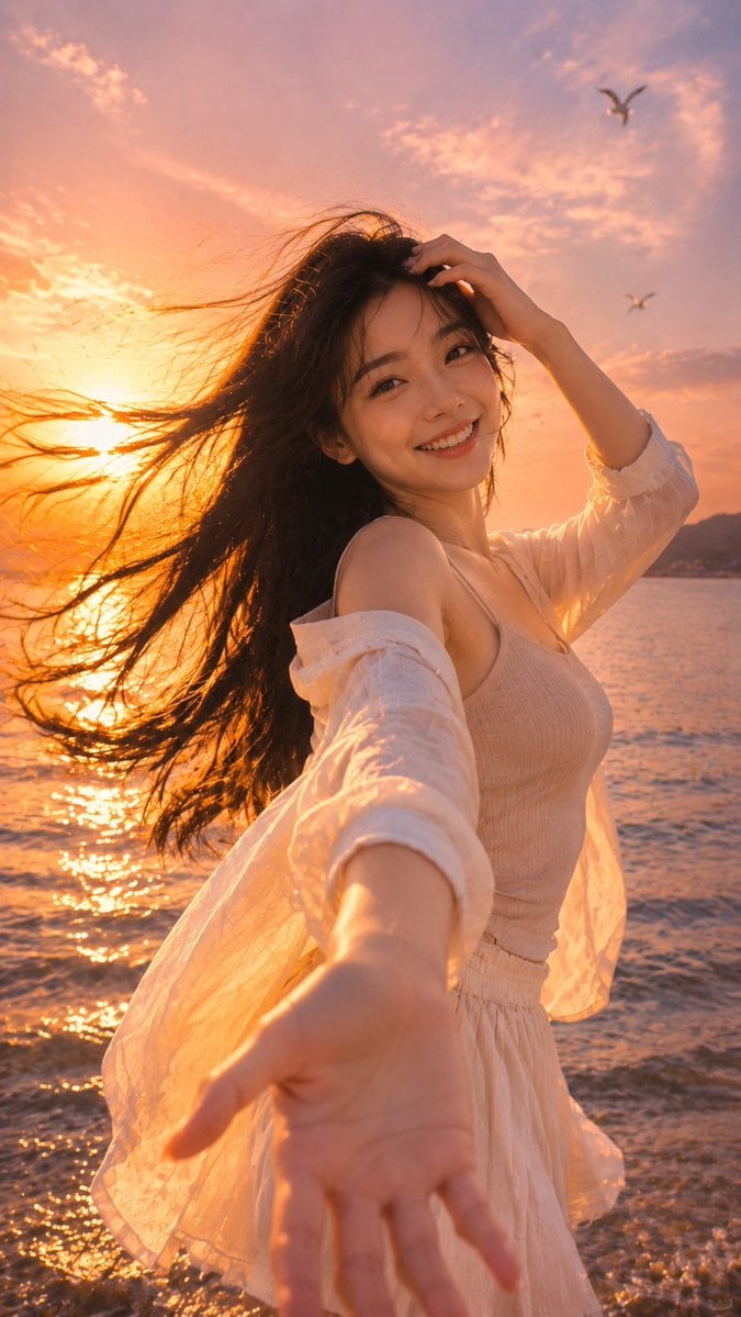 9:16 vertical photorealistic summer POV portrait.

An adult East Asian young wom