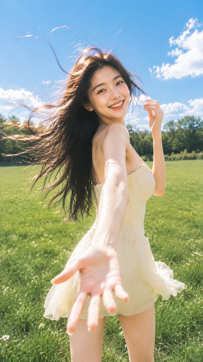 9:16 vertical photorealistic summer POV portrait.

An adult East Asian young wom