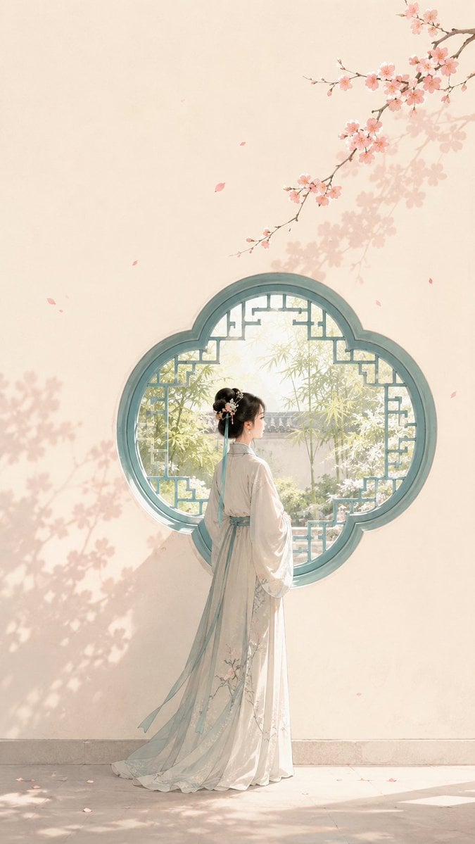 主题方向：东方禅意极简人物海报
风格分支：明丽新中式型
主体内容：一位穿着古风装扮的女性静静站在玉青色花窗前，侧身看向窗外  
情绪母题：安静、雅致、轻快、含蓄