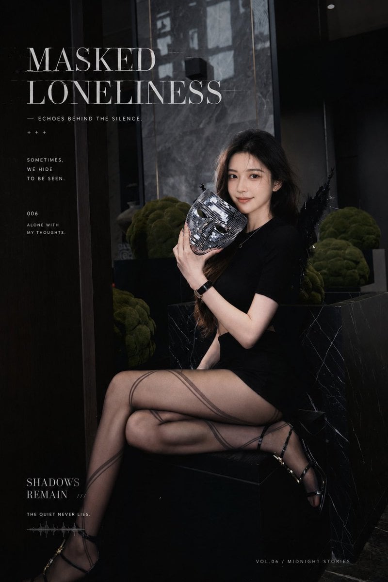 暗黑哥特风时尚杂志写真，成年亚洲女性模特，清冷甜美五官，长卷发，黑色短袖修身露腰上衣，高腰黑色短裙/短裤，半透明灰黑色纹理丝袜，黑色细带高跟鞋，佩戴细项链和黑色