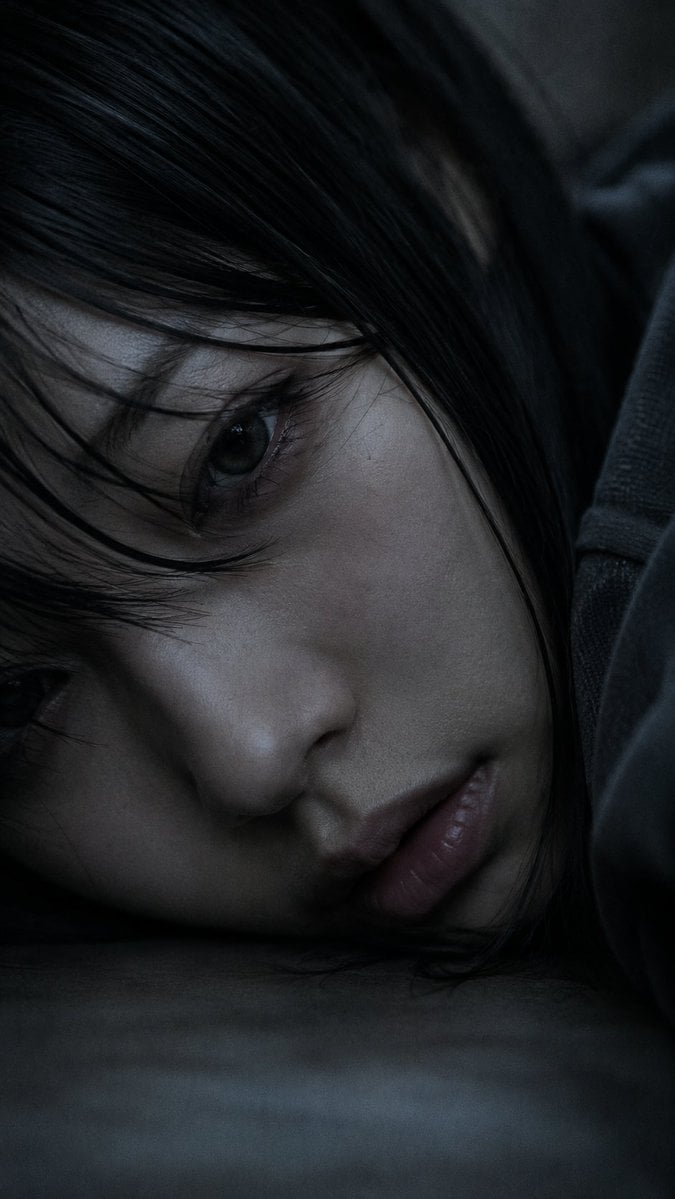Portrait shot on 85mm f/1.2, close-up of a Japanese woman in her early 20s, stra