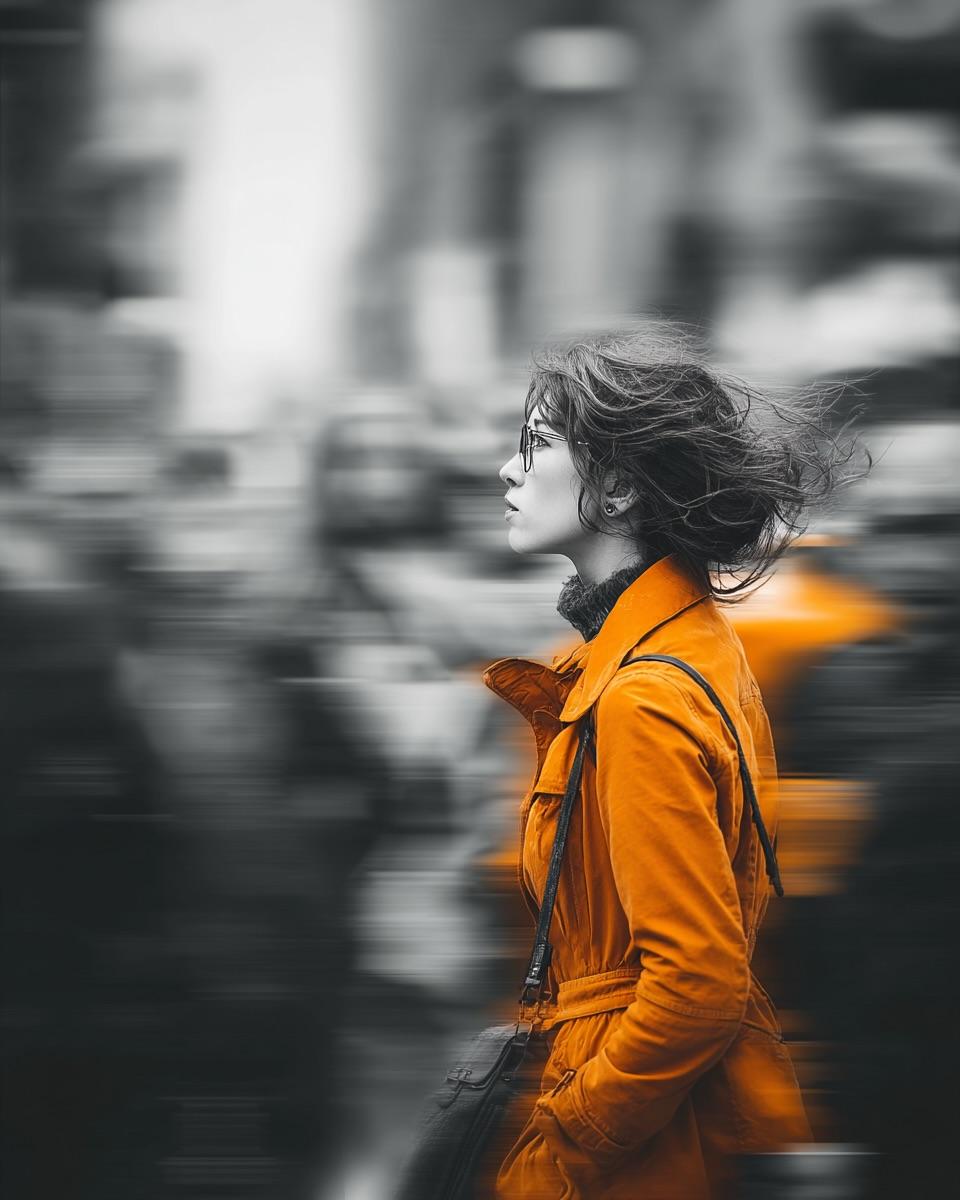 A cinematic street portrait of a young woman walking through a busy city crowd, 