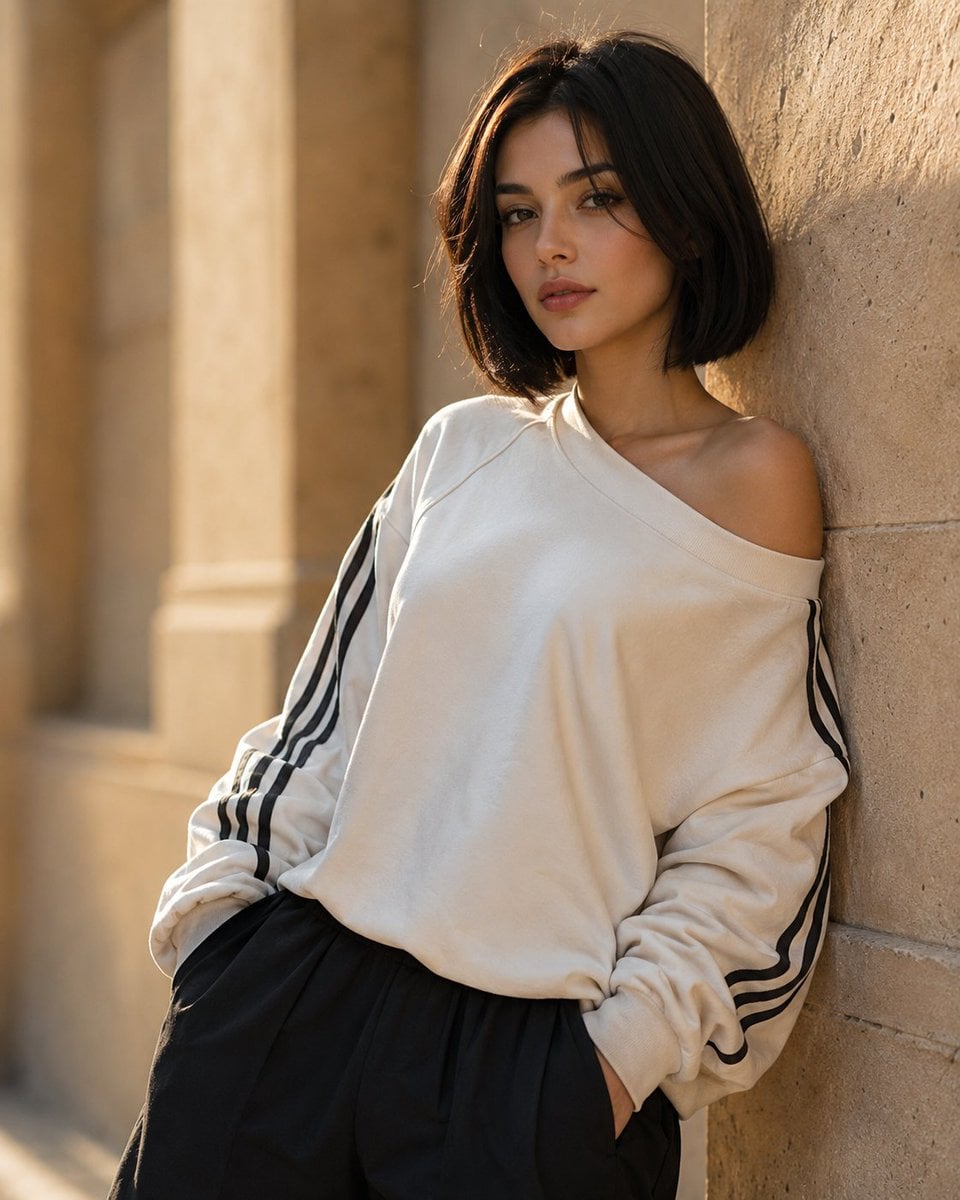 A cinematic portrait of a young woman with a sleek black chin-length bob haircut