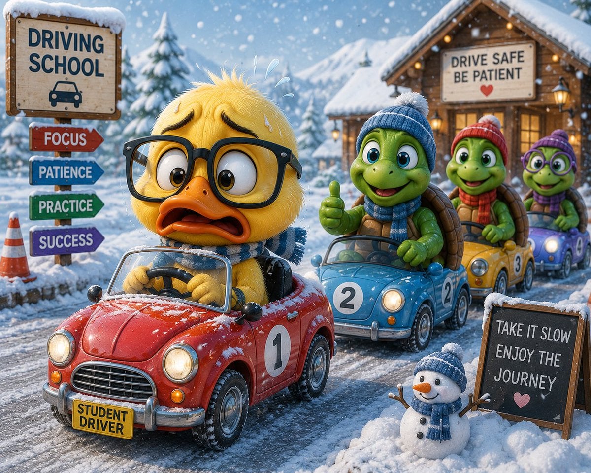 A nervous duck wearing oversized glasses attempts its first driving lesson in a 