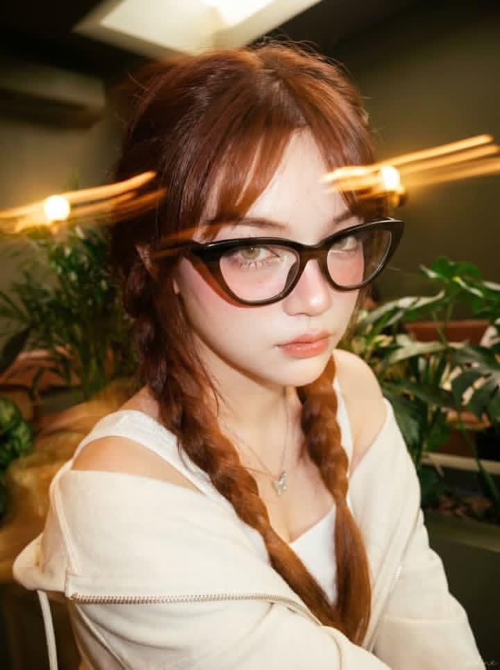 Ultra-realistic portrait of a beautiful young woman sitting in a cozy modern ind