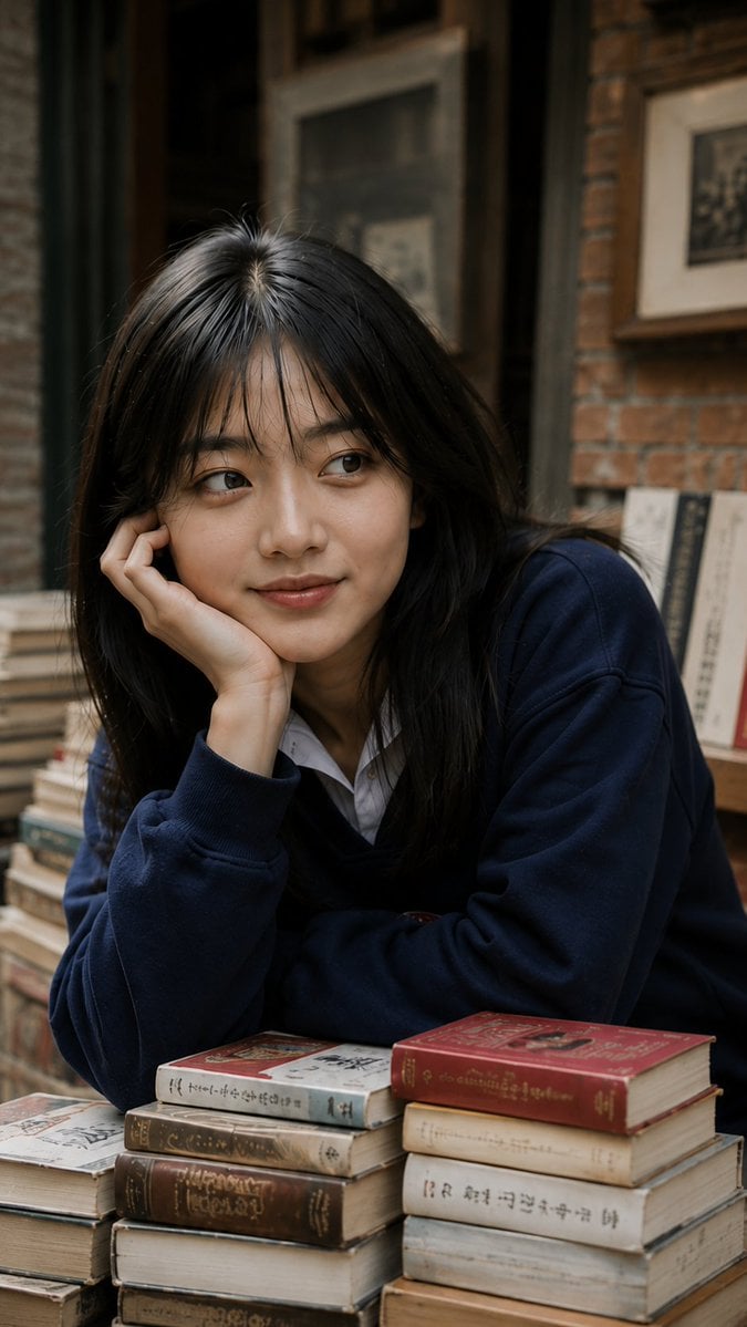 A raw candid photograph of a beautiful young East Asian girl with a gentle smile