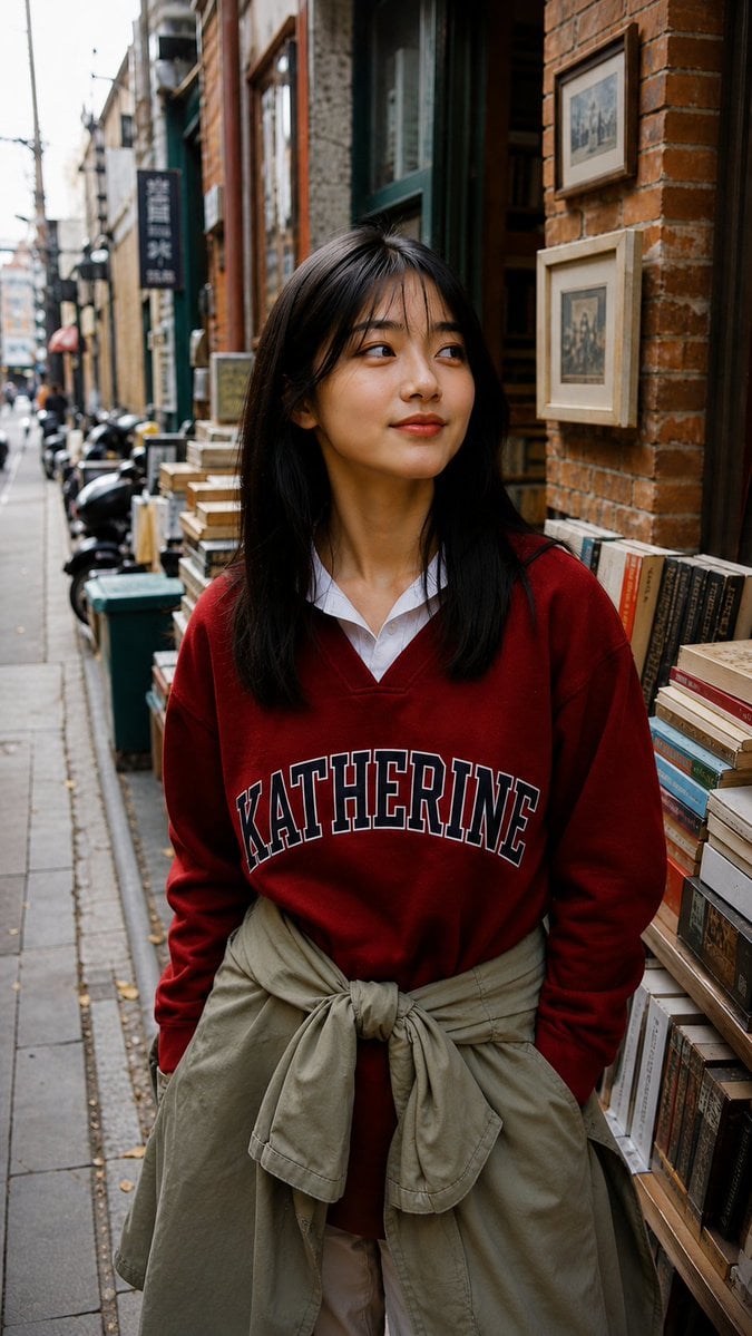 A raw candid photograph of a beautiful young East Asian girl with a gentle smile