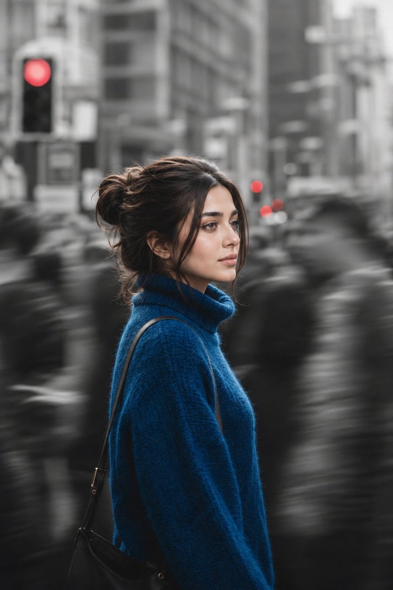 Create a cinematic street portrait of the woman standing in the middle of a crow