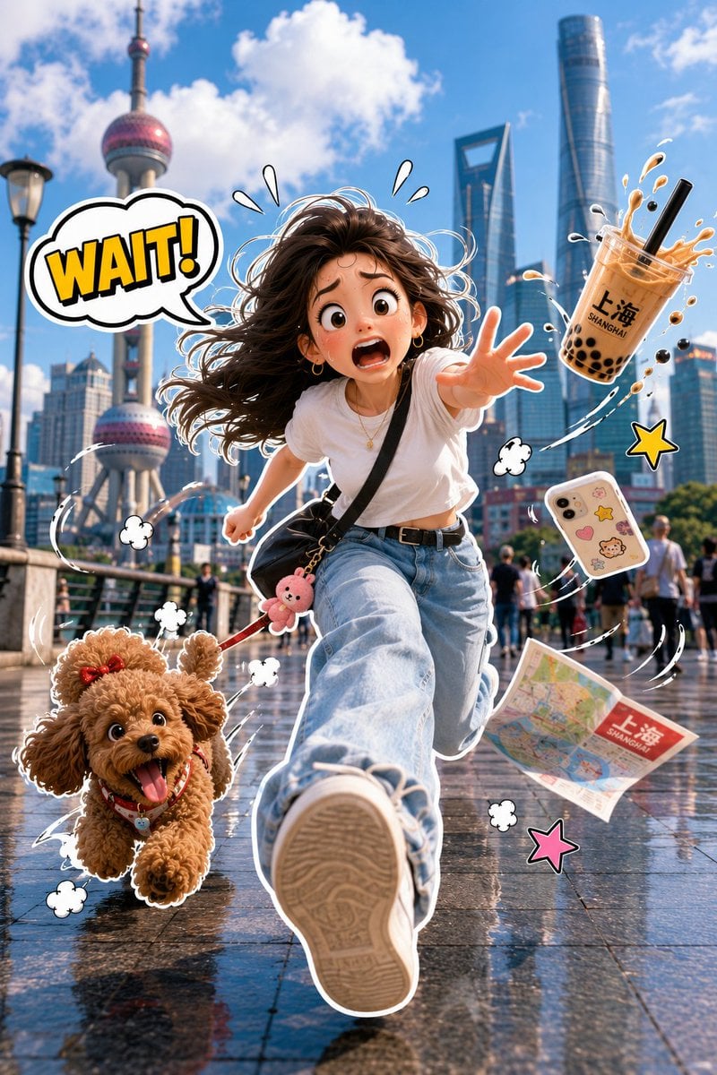 A vibrant, humorous 3D-style sticker character seamlessly composited onto a real