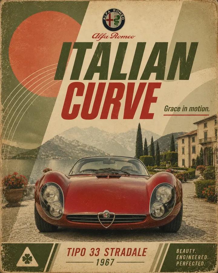 Retro motorsport poster for [CAR], 4:5 vertical. Show a front-facing low-angle h