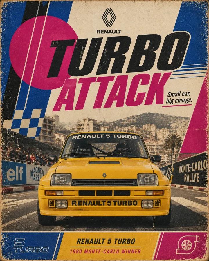Retro motorsport poster for [CAR], 4:5 vertical. Show a front-facing low-angle h