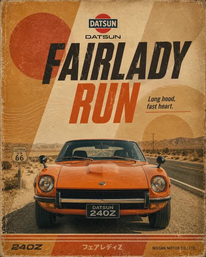 Retro motorsport poster for [CAR], 4:5 vertical. Show a front-facing low-angle h