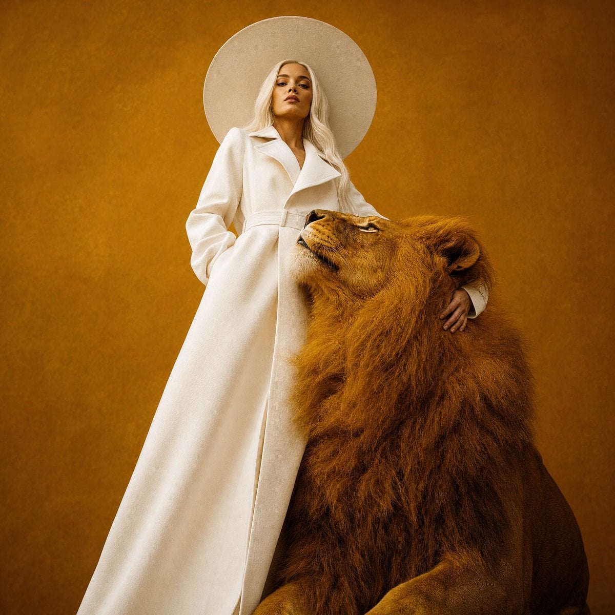 Surreal fashion editorial portrait, woman in full white wide-brim hat and long s