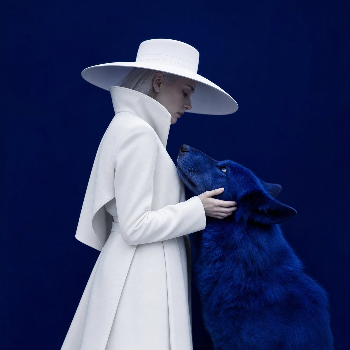 Surreal fashion editorial portrait, woman in full white wide-brim hat and long s