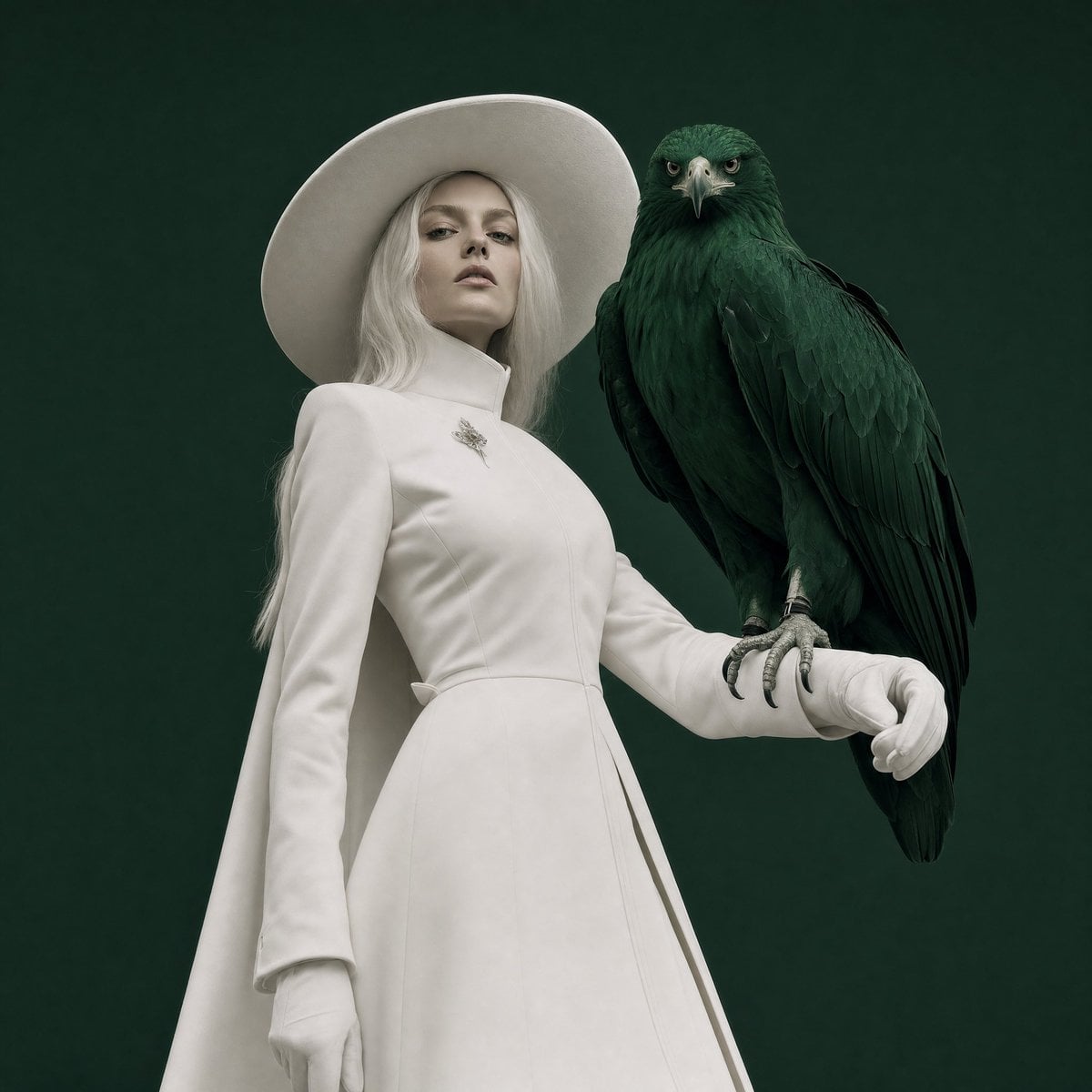 Surreal fashion editorial portrait, woman in full white wide-brim hat and long s