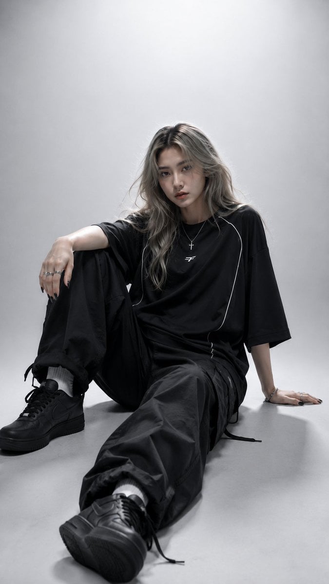 Ultra-realistic high-fashion editorial studio portrait of a young woman standing