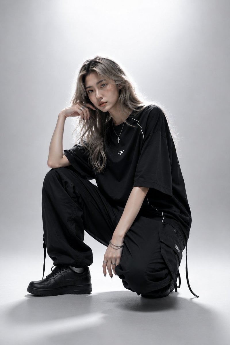 Ultra-realistic high-fashion editorial studio portrait of a young woman standing