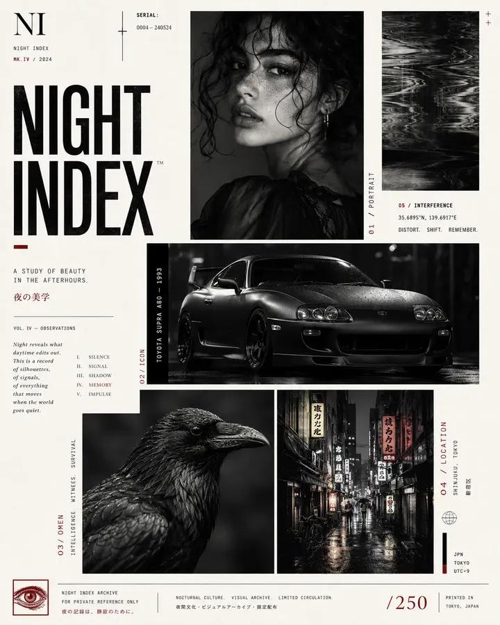 Avant-garde graphic design poster page, elegant editorial layout, off-white back