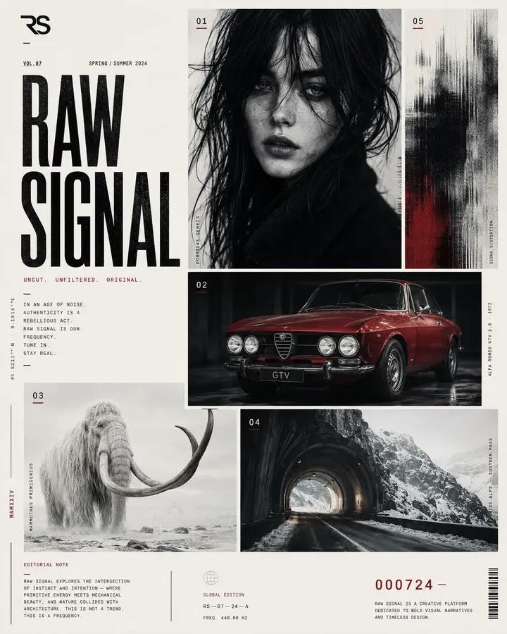 Avant-garde graphic design poster page, elegant editorial layout, off-white back