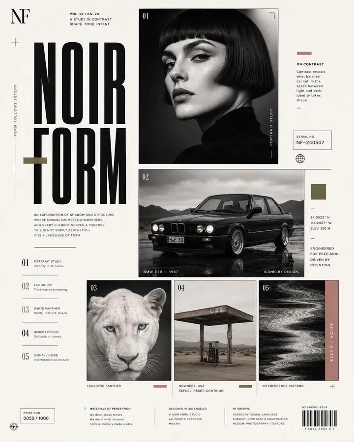 Avant-garde graphic design poster page, elegant editorial layout, off-white back