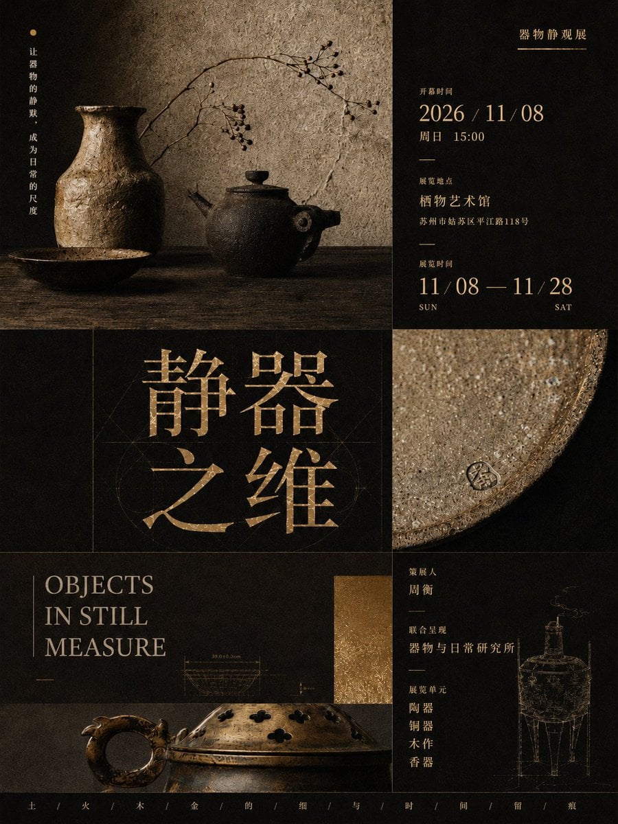 【主题】几何拼贴式策展海报  
【中文主标题】[中文主标题]  
【英文副标题】[英文副标题]  
【视觉关键词】几何分区 / 艺术图像模块 / 展讯信息 / 