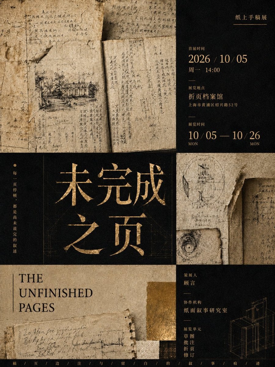 【主题】几何拼贴式策展海报  
【中文主标题】[中文主标题]  
【英文副标题】[英文副标题]  
【视觉关键词】几何分区 / 艺术图像模块 / 展讯信息 / 