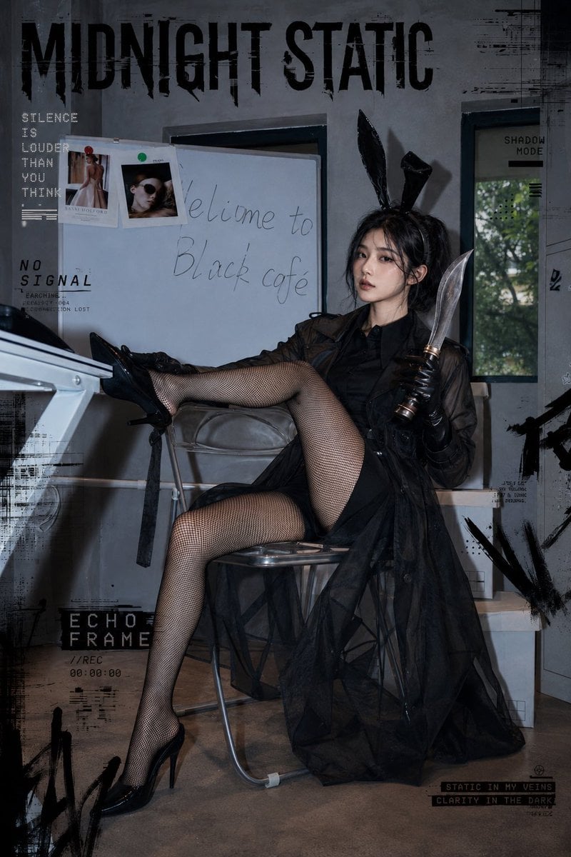 暗黑学院风时尚人像写真，一位成年亚洲女性模特，黑色高马尾，凌乱发丝，冷淡眼神，微微抬头看向镜头，神态安静又有压迫感。她穿着黑色衬衫、黑色短裤、黑色半透明风衣、黑