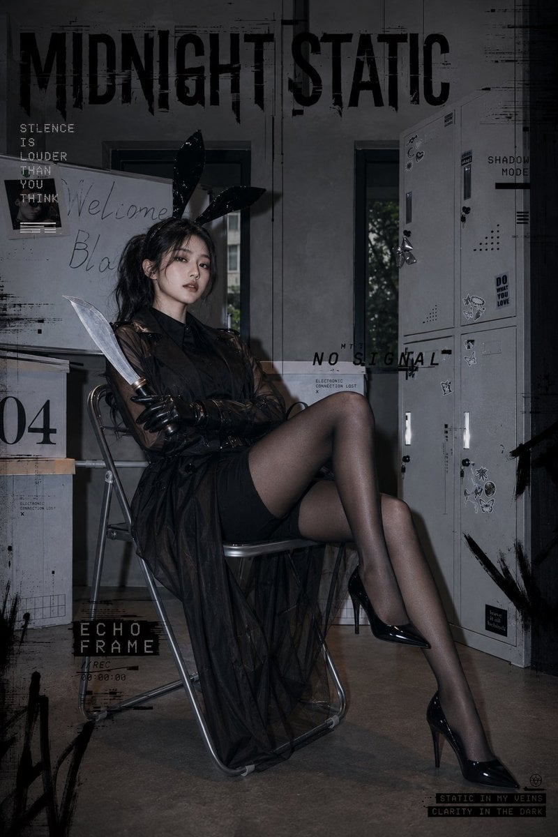 暗黑学院风时尚人像写真，一位成年亚洲女性模特，黑色高马尾，凌乱发丝，冷淡眼神，微微抬头看向镜头，神态安静又有压迫感。她穿着黑色衬衫、黑色短裤、黑色半透明风衣、黑