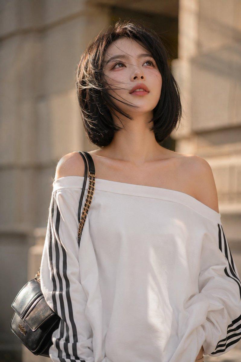 A cinematic portrait of a young woman with a sleek black chin-length bob haircut