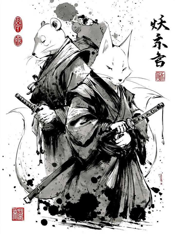 Masterpiece Japanese sumi-e ink wash illustration of two anthropomorphic samurai