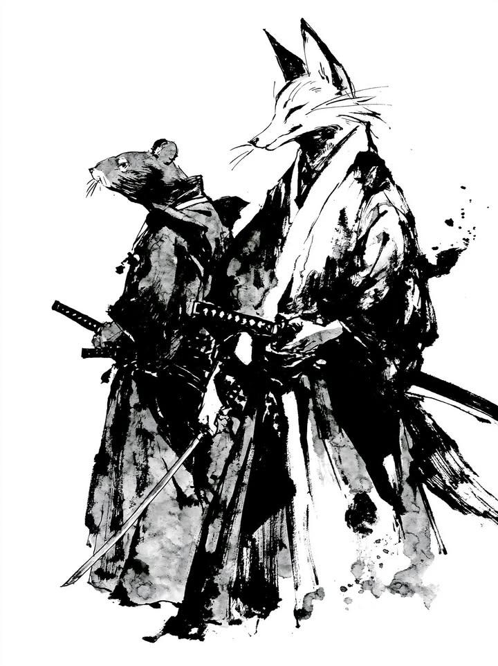 Masterpiece Japanese sumi-e ink wash illustration of two anthropomorphic samurai