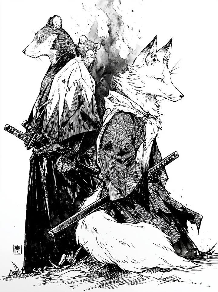 Masterpiece Japanese sumi-e ink wash illustration of two anthropomorphic samurai