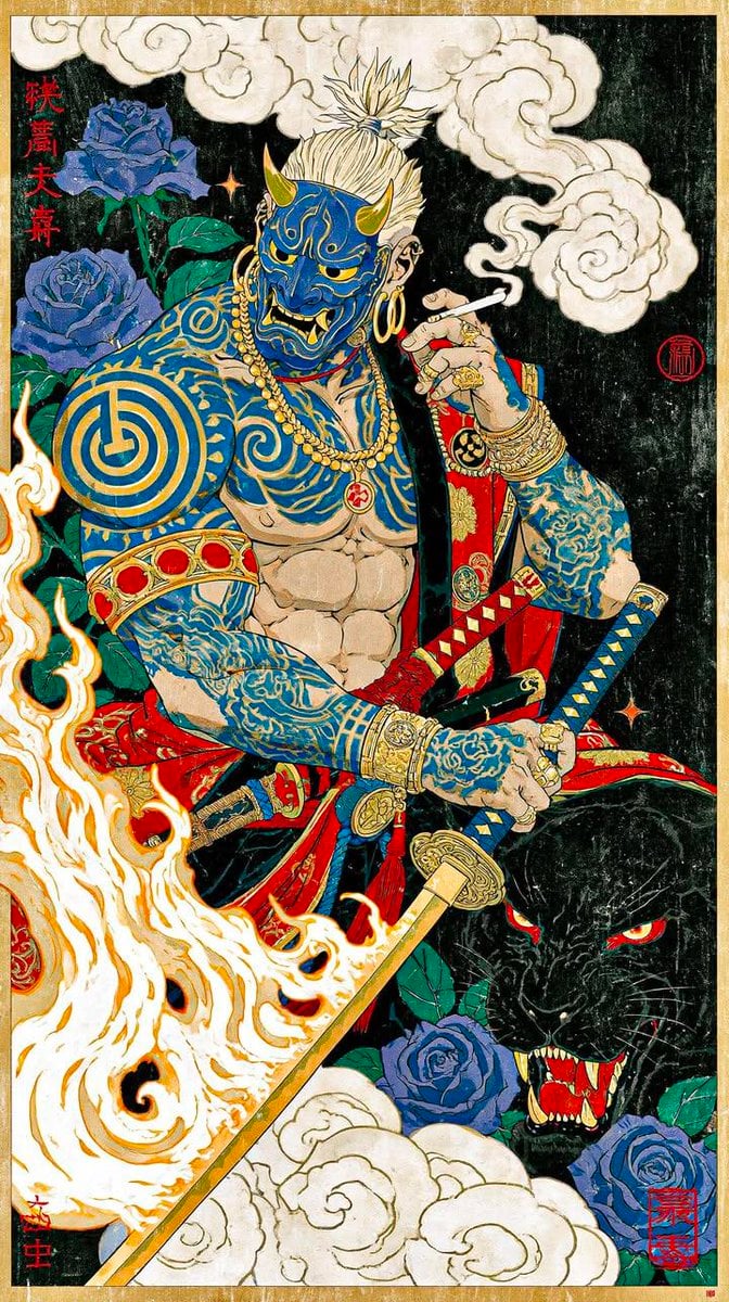 Masterpiece, ultra-detailed Japanese ukiyo-e inspired illustration of a fearsome