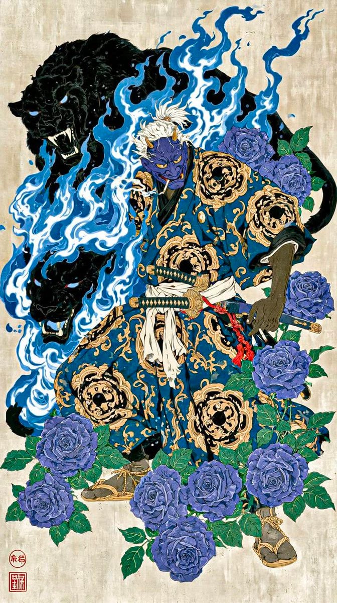 Masterpiece, ultra-detailed Japanese ukiyo-e inspired illustration of a fearsome