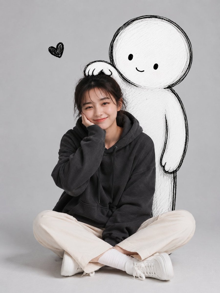 A cute minimalist portrait of a young woman sitting casually on the floor in a c