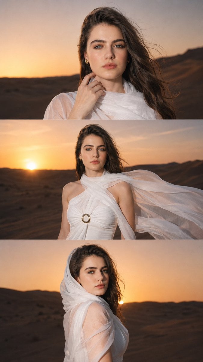 Vertical three-panel cinematic collage, stacked top to bottom, 9:16. Same woman 